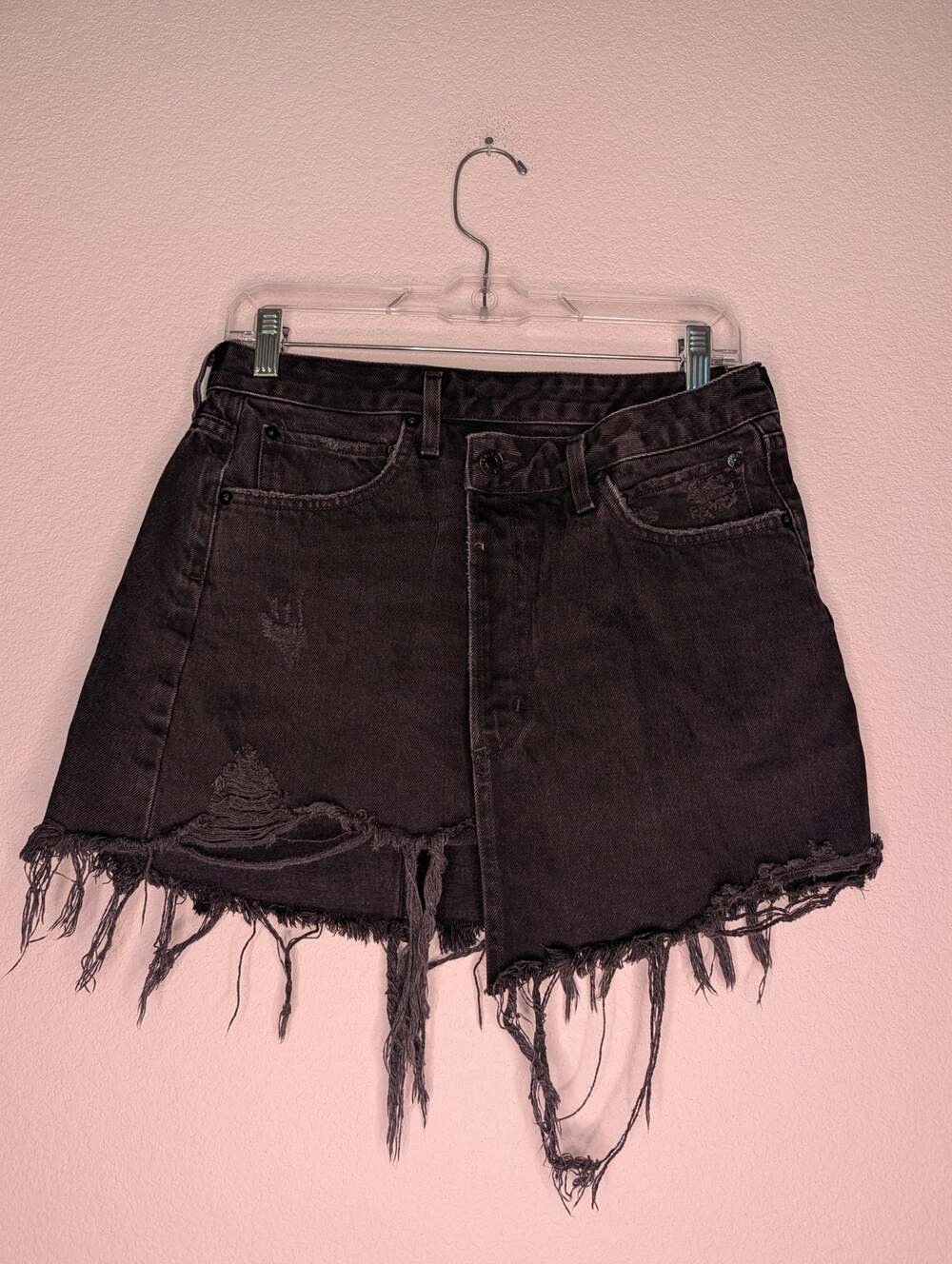 AGOLDE Women's Denim Criss Cross Skirt 28 Black Distressed Asymmetrical Grunge